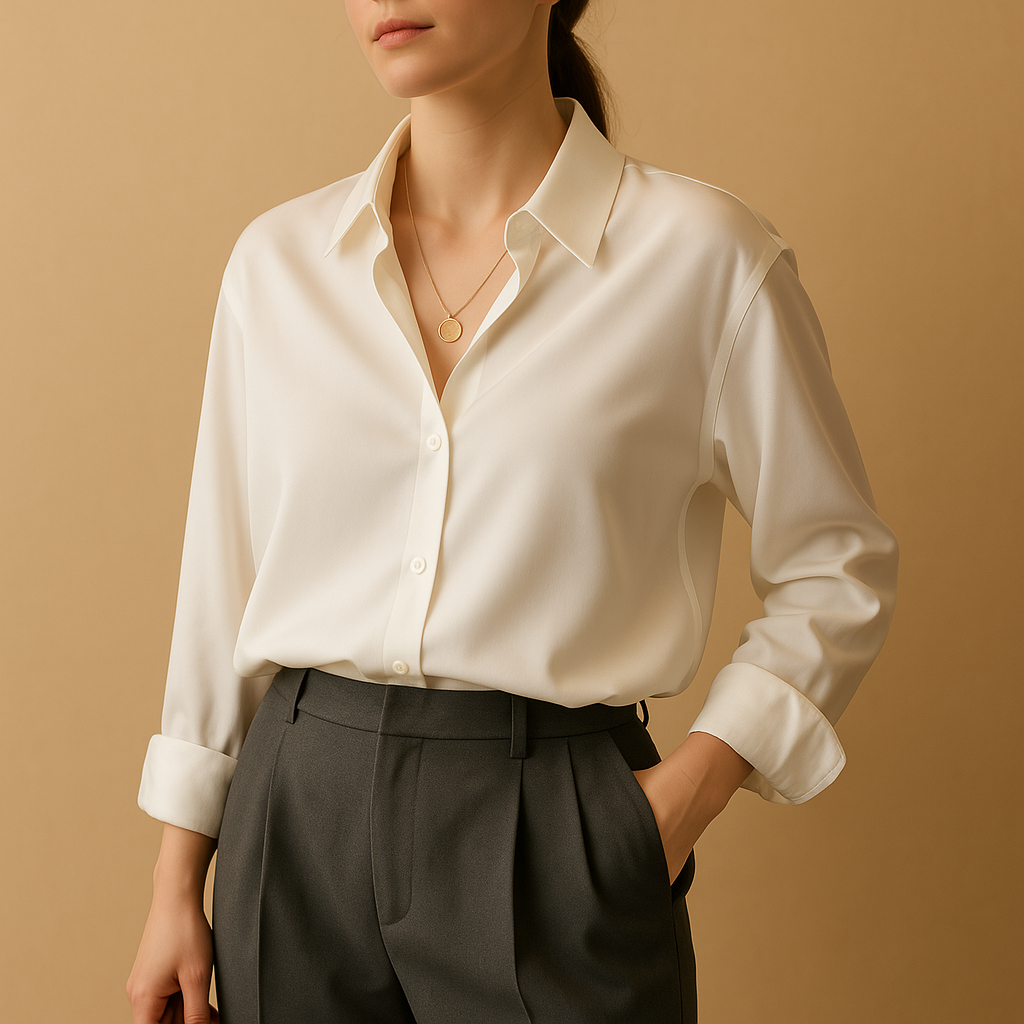 Women’s satin blouse with a fold-over collar and elegant button closure, ideal for work or dressed-up outfits.