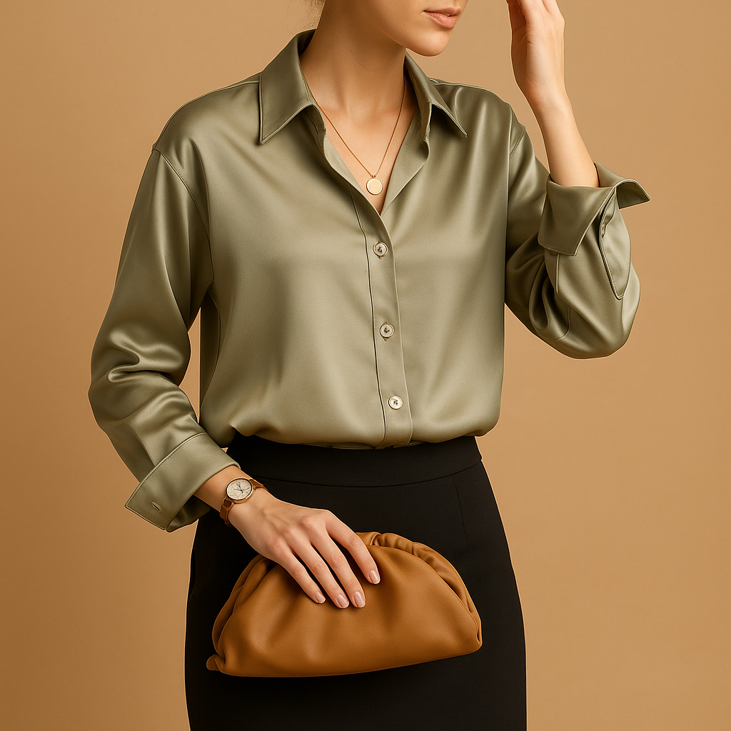 Women’s satin blouse with a fold-over collar and elegant button closure, ideal for work or dressed-up outfits.