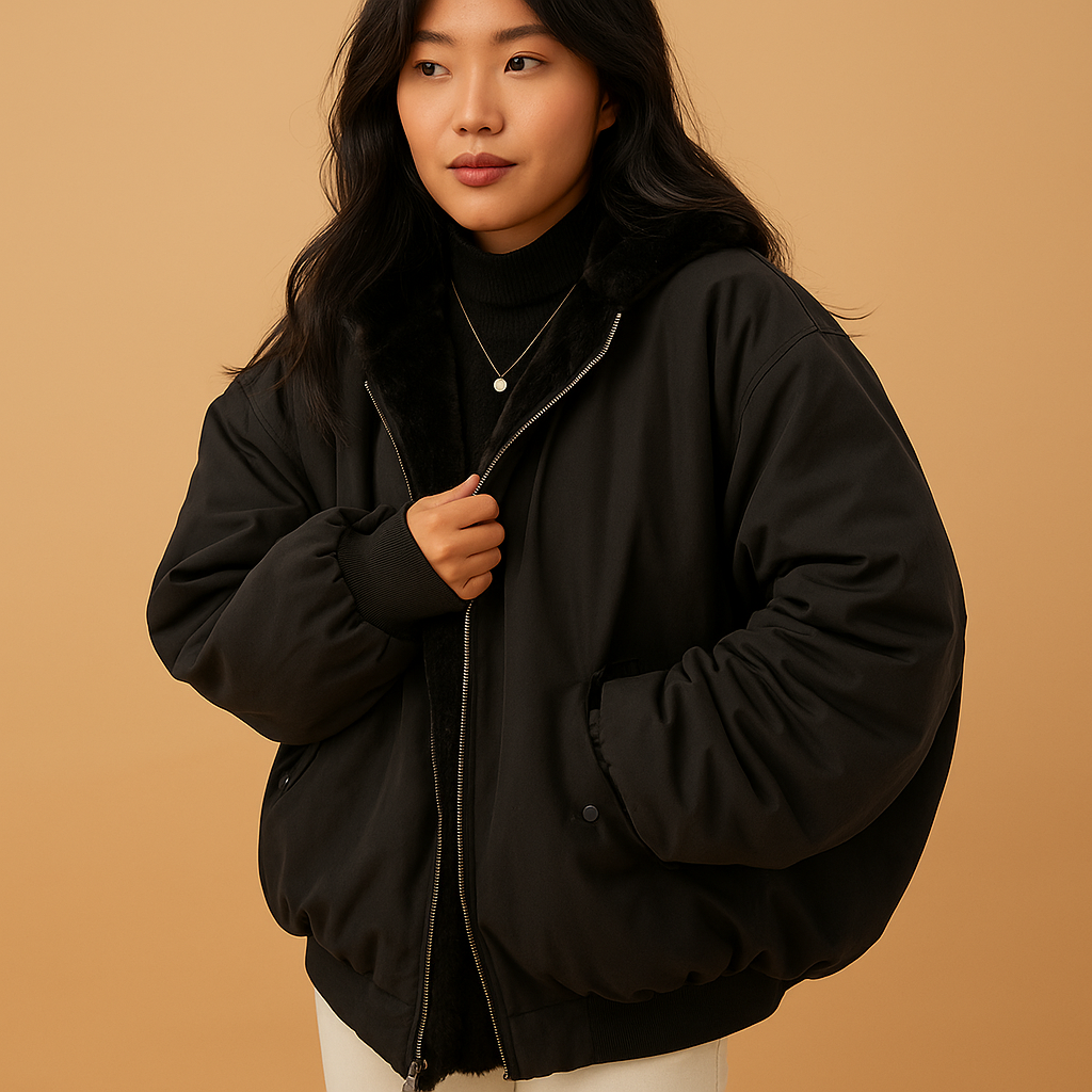 Women’s short winter jacket with hood, insulated lining, and modern fit, available in black, blue, and white.