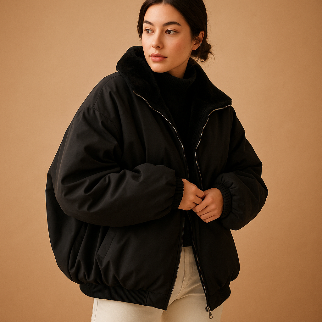 Women’s short winter jacket with hood, insulated lining, and modern fit, available in black, blue, and white.