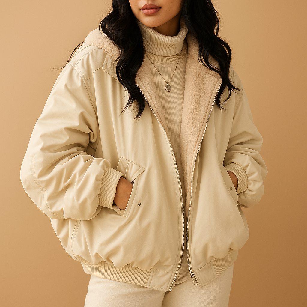 Women’s short winter jacket with hood, insulated lining, and modern fit, available in black, blue, and white.