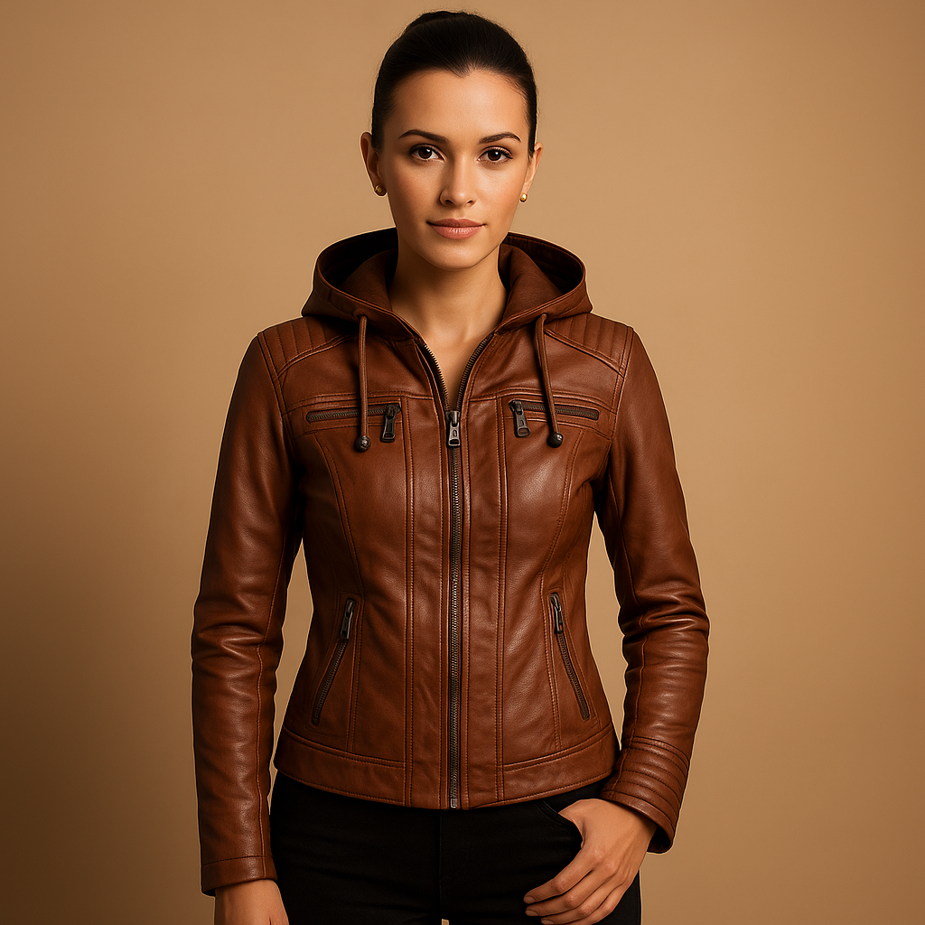 Woman wearing a short jacket for women with a slim fit, zipper details, and removable hood, styled for everyday and outdoor wear.