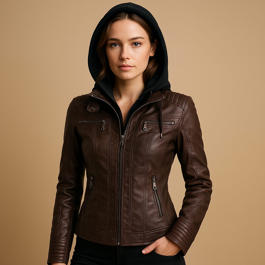Woman wearing a short jacket for women with a slim fit, zipper details, and removable hood, styled for everyday and outdoor wear.