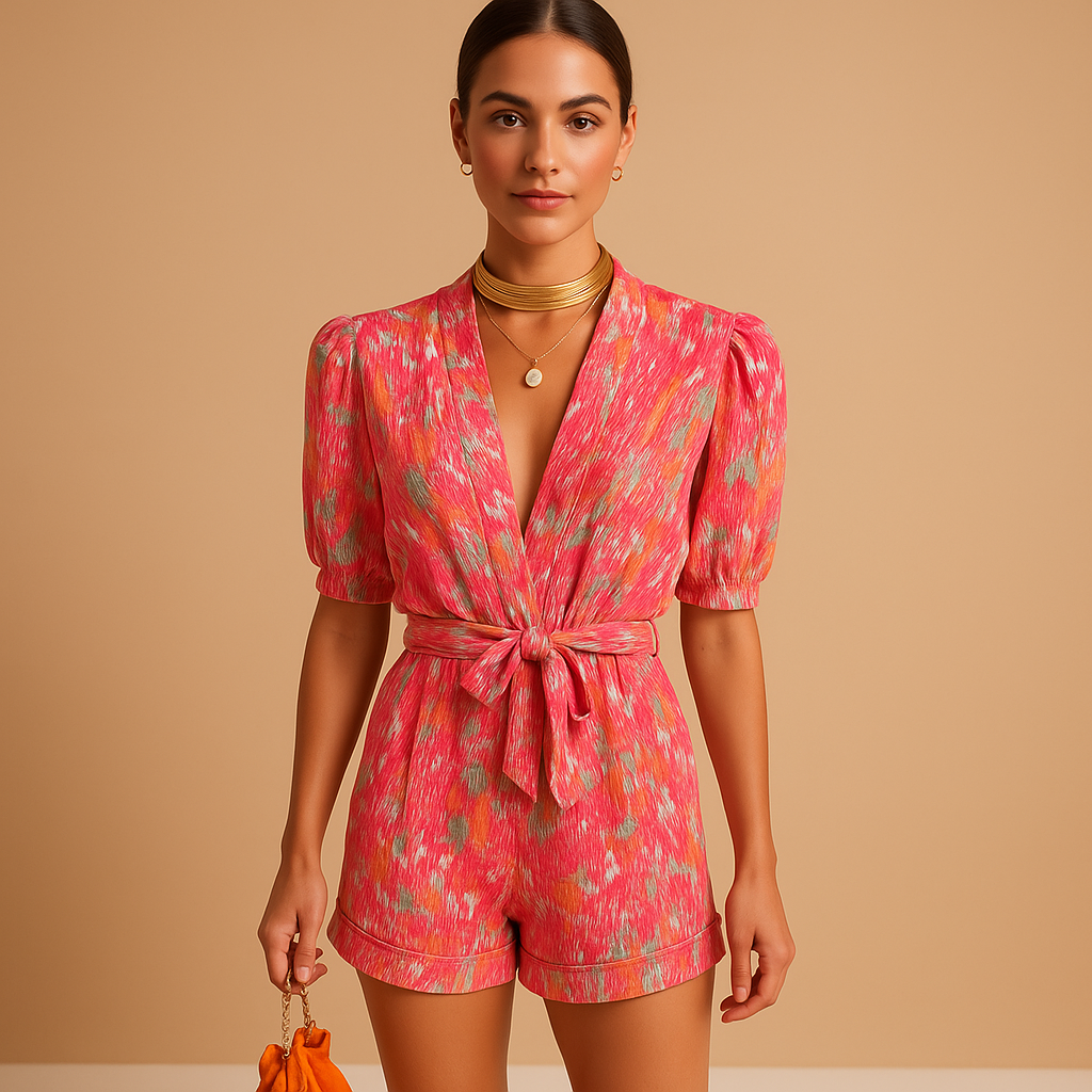 Woman wearing a short printed jumpsuit with a waist belt and airy summer design, perfect for warm days and evenings out.
