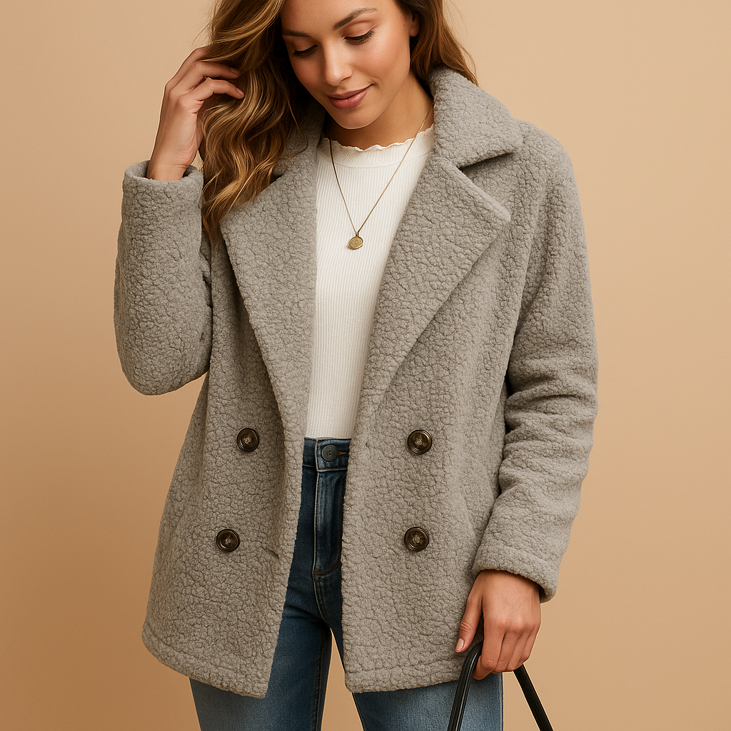 Woman wearing a short winter coat with tailored fit and button closure, perfect for daily wear and transitional seasons.