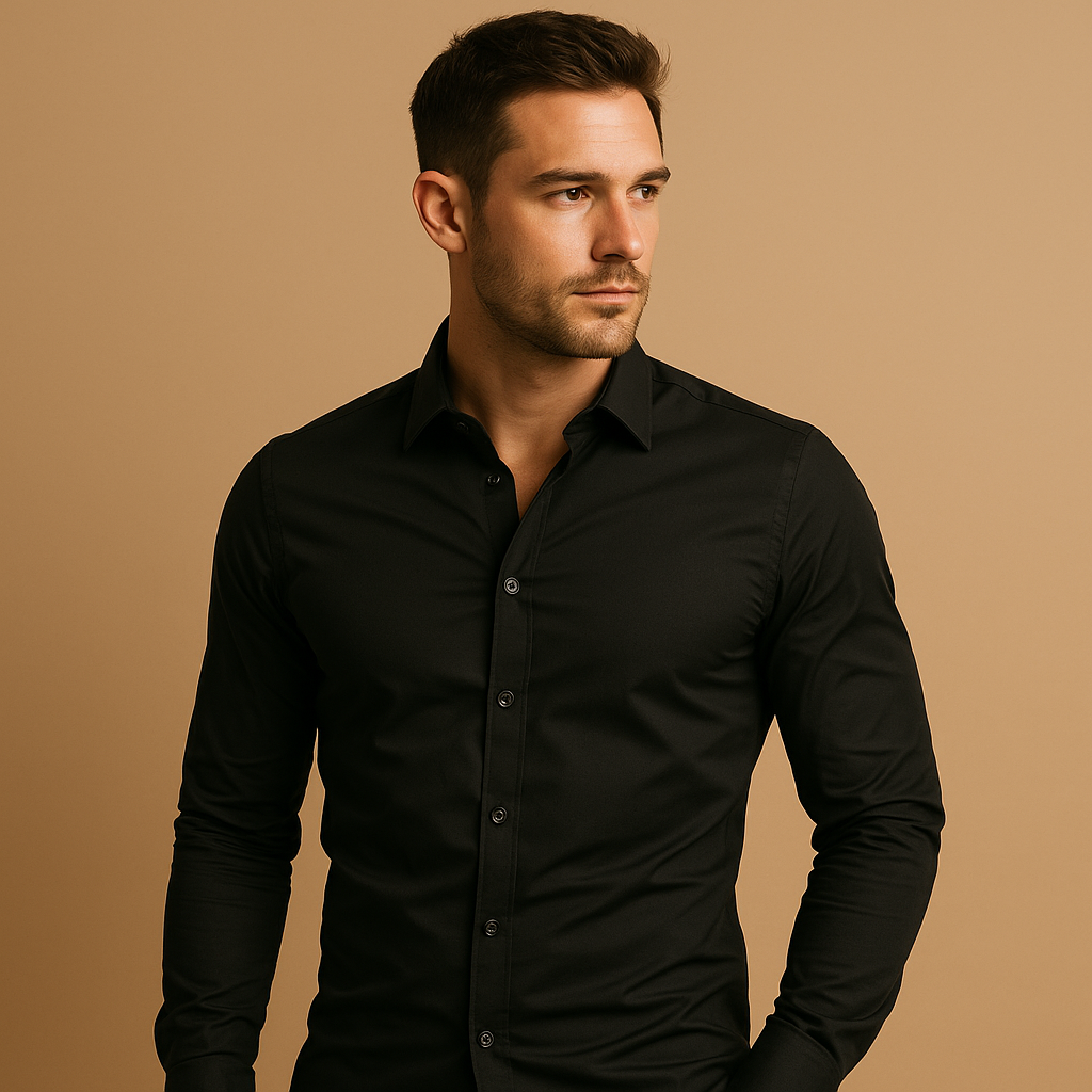 Slim fit cotton dress shirt for men with a tailored silhouette and breathable comfort, ideal for office wear, business meetings, and casual outfits.