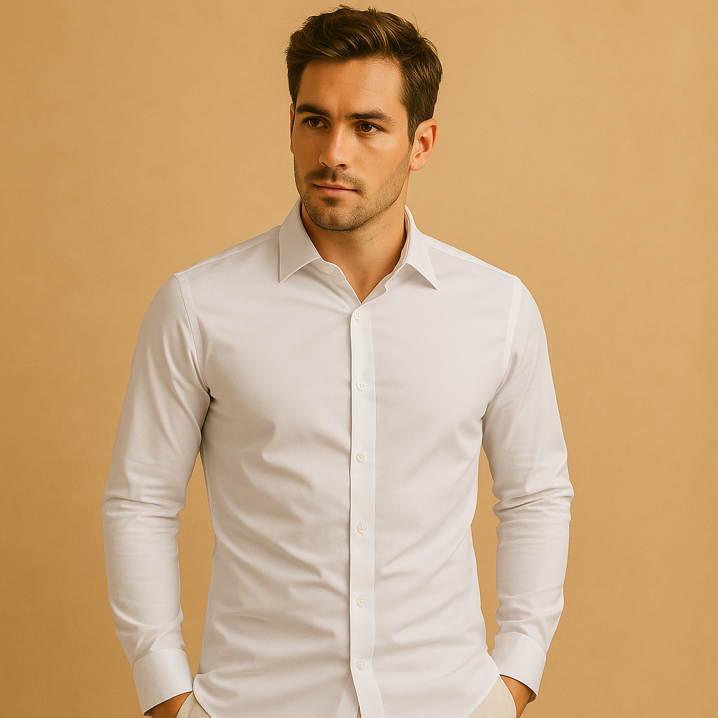 Slim fit cotton dress shirt for men with a tailored silhouette and breathable comfort, ideal for office wear, business meetings, and casual outfits.