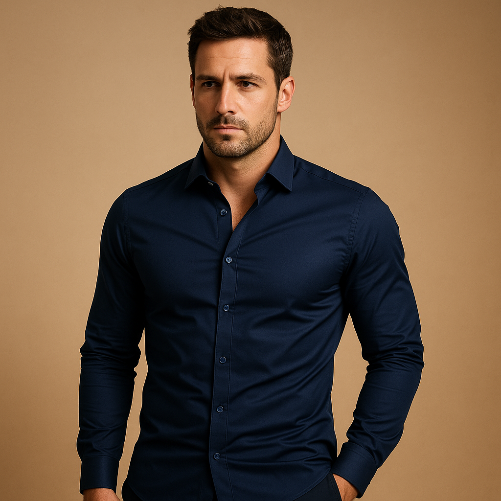 Slim fit cotton dress shirt for men with a tailored silhouette and breathable comfort, ideal for office wear, business meetings, and casual outfits.