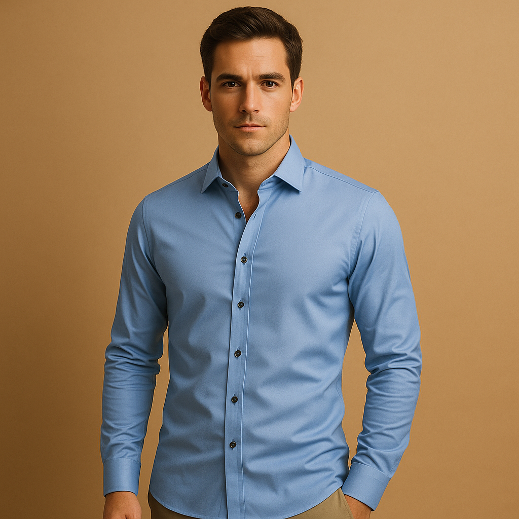Slim fit stretch dress shirt for men with a tailored silhouette and breathable design, ideal for business meetings, smart casual outfits, and everyday style.