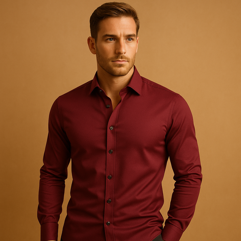 Slim fit stretch dress shirt for men with a tailored silhouette and breathable design, ideal for business meetings, smart casual outfits, and everyday style.