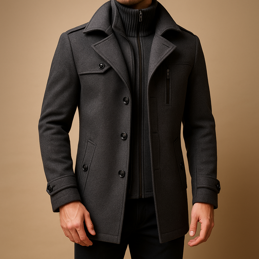 Men’s slim fit winter coat with a tailored design, practical pockets, and a sleek closure, suitable for work, formal occasions, and everyday wear.