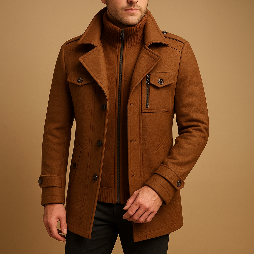 Men’s slim fit winter coat with a tailored design, practical pockets, and a sleek closure, suitable for work, formal occasions, and everyday wear.