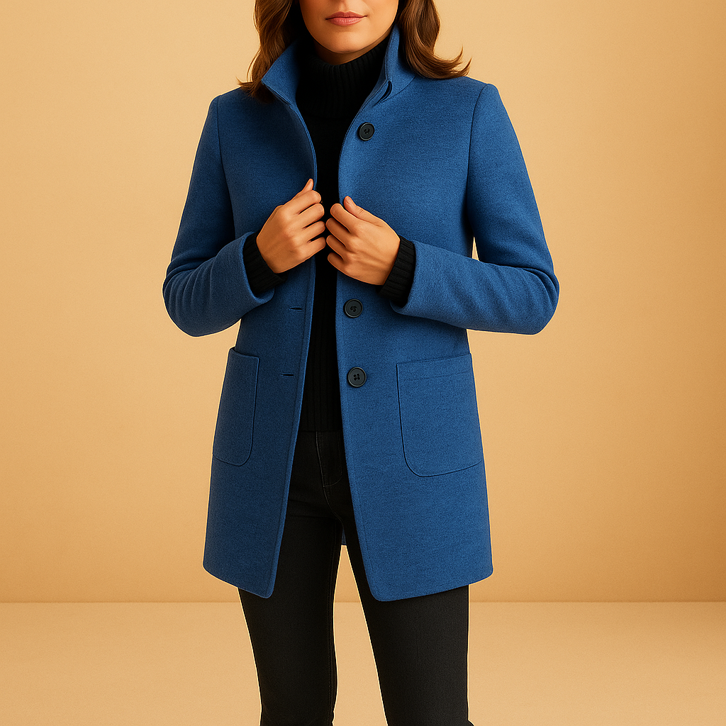 Woman wearing a soft relaxed winter coat with a warm fabric and timeless design, ideal for daily wear and cold-weather layering.