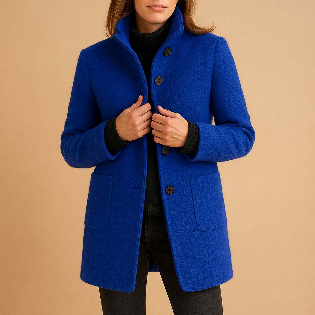 Woman wearing a soft relaxed winter coat with a warm fabric and timeless design, ideal for daily wear and cold-weather layering.