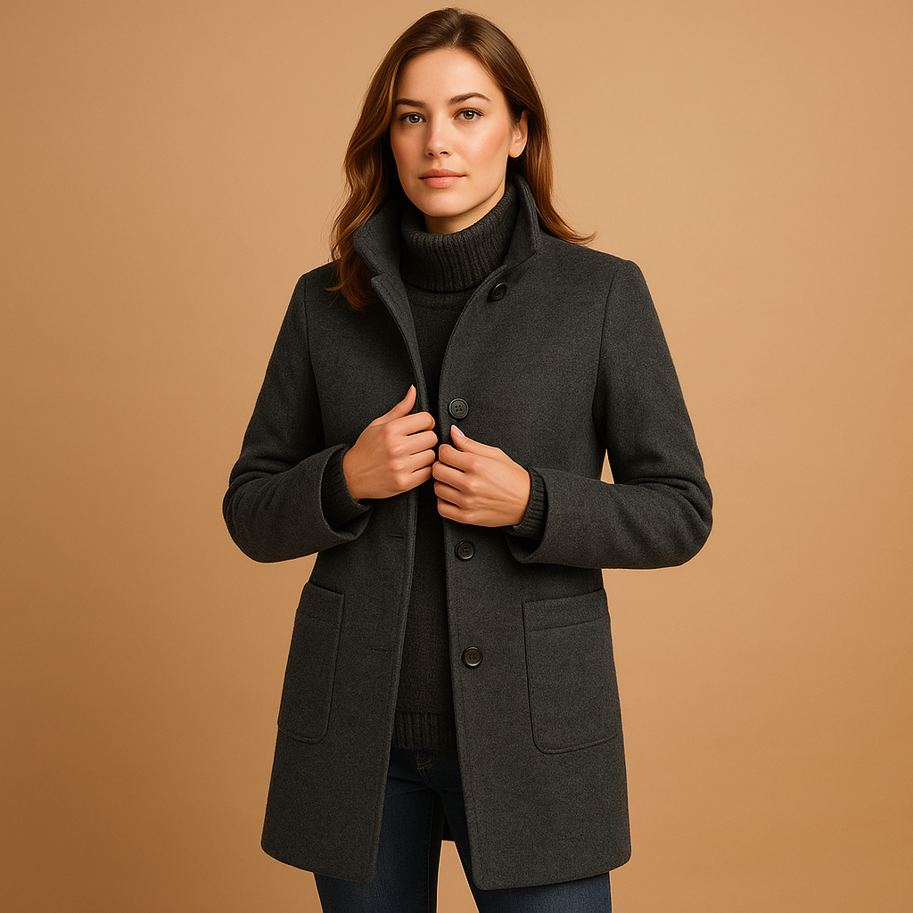 Woman wearing a soft relaxed winter coat with a warm fabric and timeless design, ideal for daily wear and cold-weather layering.