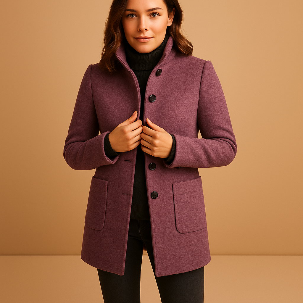 Woman wearing a soft relaxed winter coat with a warm fabric and timeless design, ideal for daily wear and cold-weather layering.