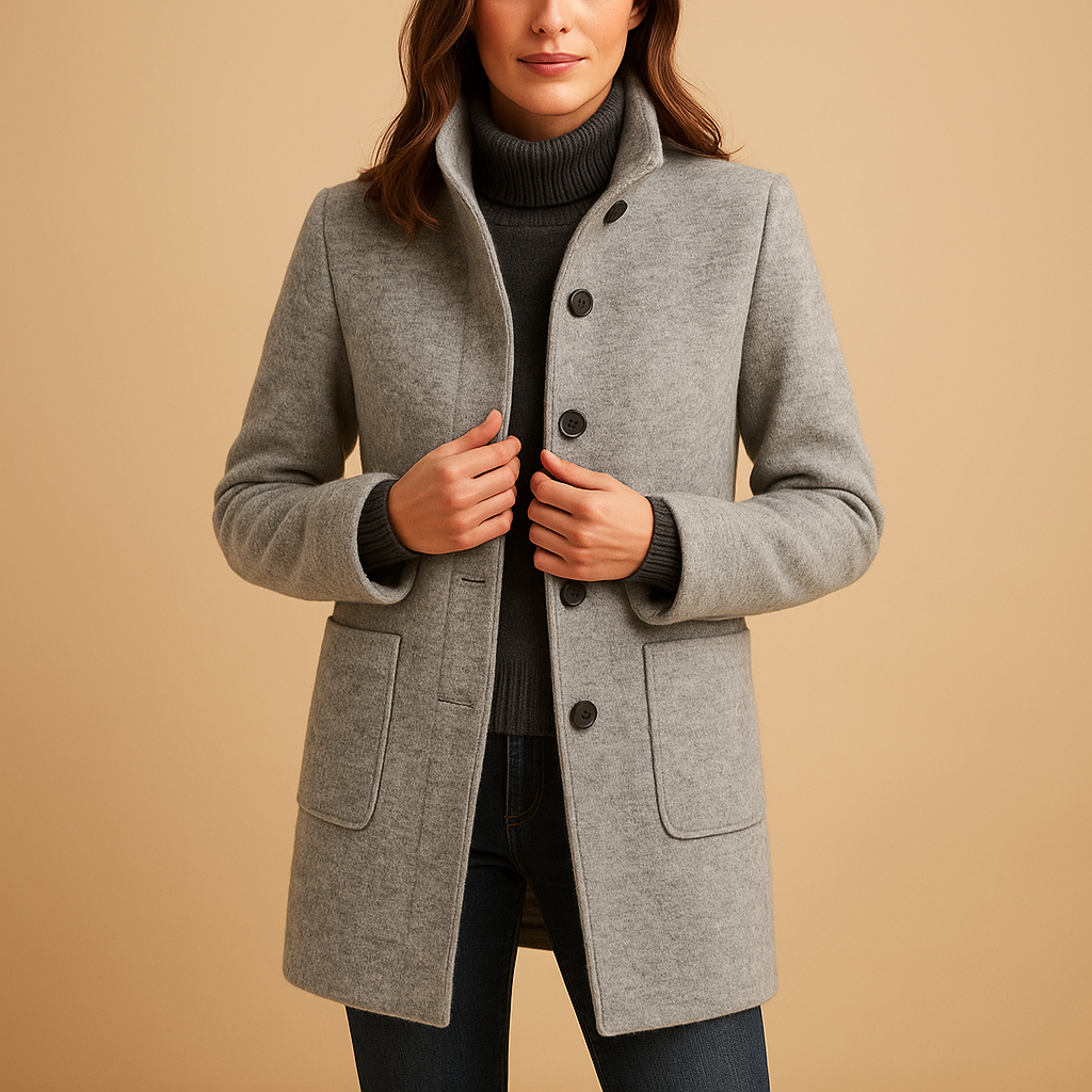 Woman wearing a soft relaxed winter coat with a warm fabric and timeless design, ideal for daily wear and cold-weather layering.