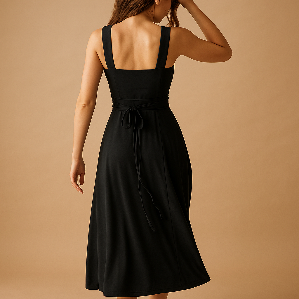 Square neck midi dress with wide straps and elastic waistband for women, ideal for weddings, parties, and elegant everyday wear.