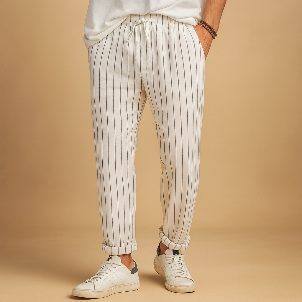 Striped casual drawstring pants for men with a relaxed fit and vertical stripe design, ideal for summer outfits, travel, and everyday wear.