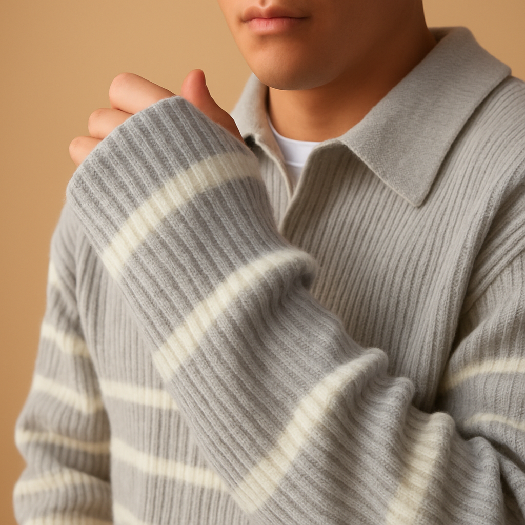 Men’s striped grey half-zip sweater with a modern design, offering lightweight warmth for autumn and winter outfits.