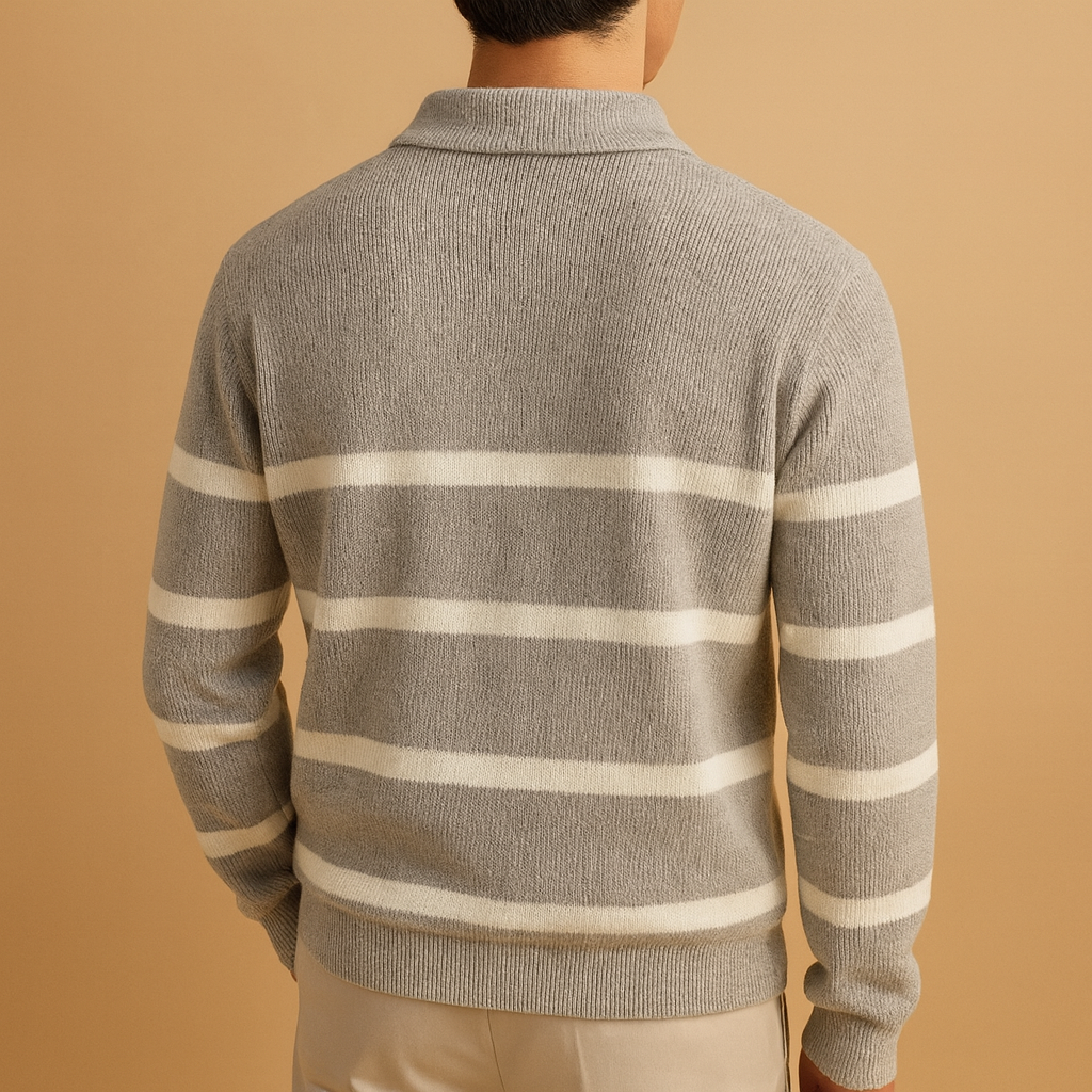 Men’s striped grey half-zip sweater with a modern design, offering lightweight warmth for autumn and winter outfits.