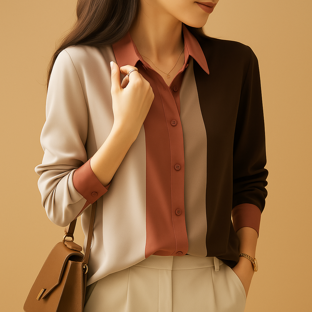 Women’s satin blouse with striped patchwork design, smooth finish, classic collar and a loose flattering fit for casual or formal wear.