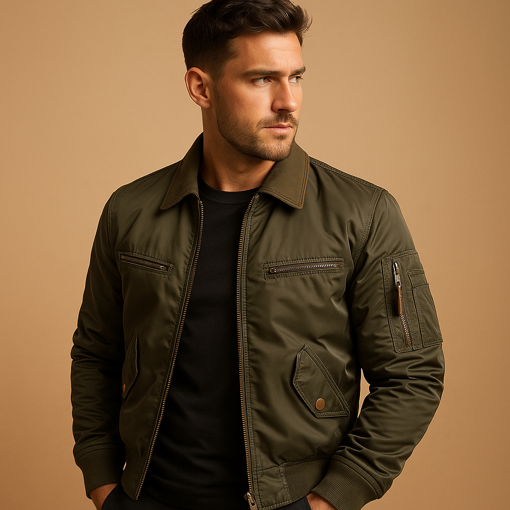 Men’s stylish bomber jacket with light padding, zip and snap closure, and practical pockets, suitable for casual and semi-formal outfits.