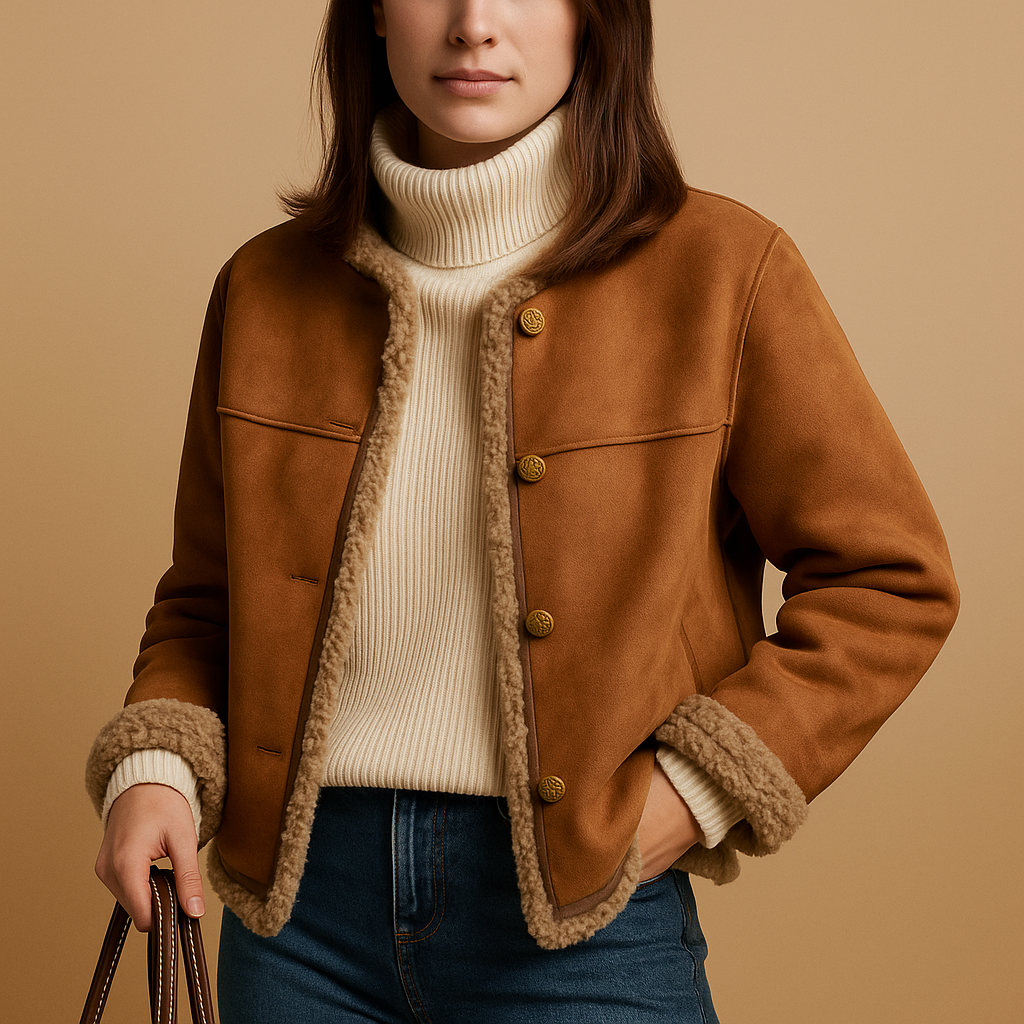 Woman wearing a suede-look coat with soft fleece lining, ideal for warm autumn days and layered winter outfits.