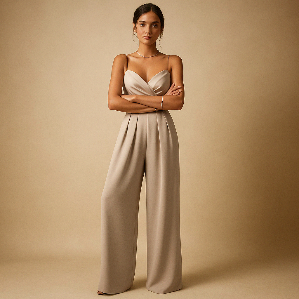 Woman wearing a summer casual jumpsuit with adjustable straps and a tailored fit, suitable for parties, day outings, and warm evenings.