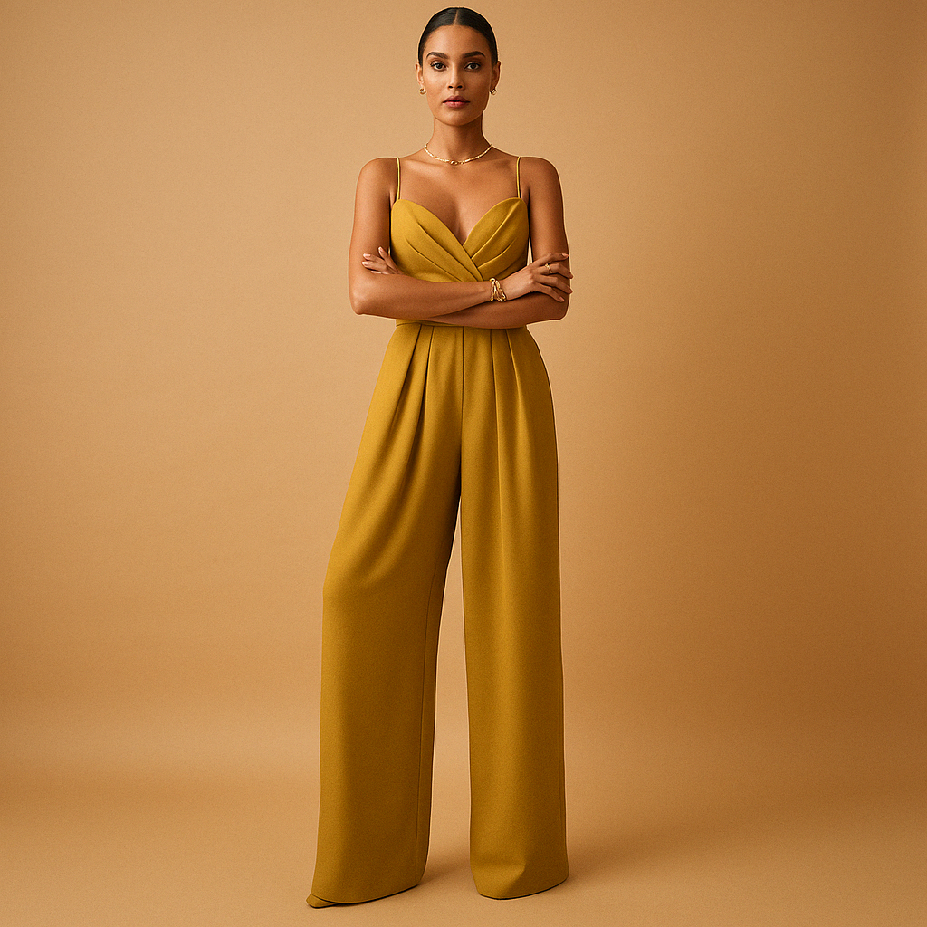 Woman wearing a summer casual jumpsuit with adjustable straps and a tailored fit, suitable for parties, day outings, and warm evenings.