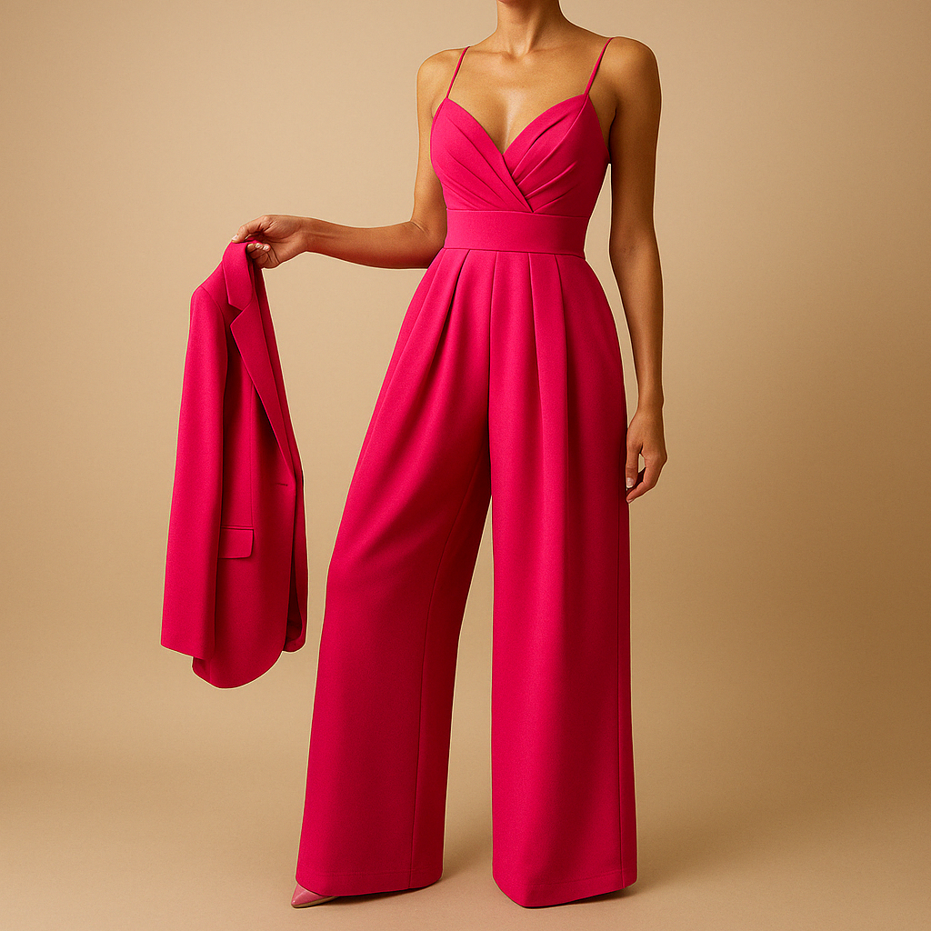 Woman wearing a summer casual jumpsuit with adjustable straps and a tailored fit, suitable for parties, day outings, and warm evenings.
