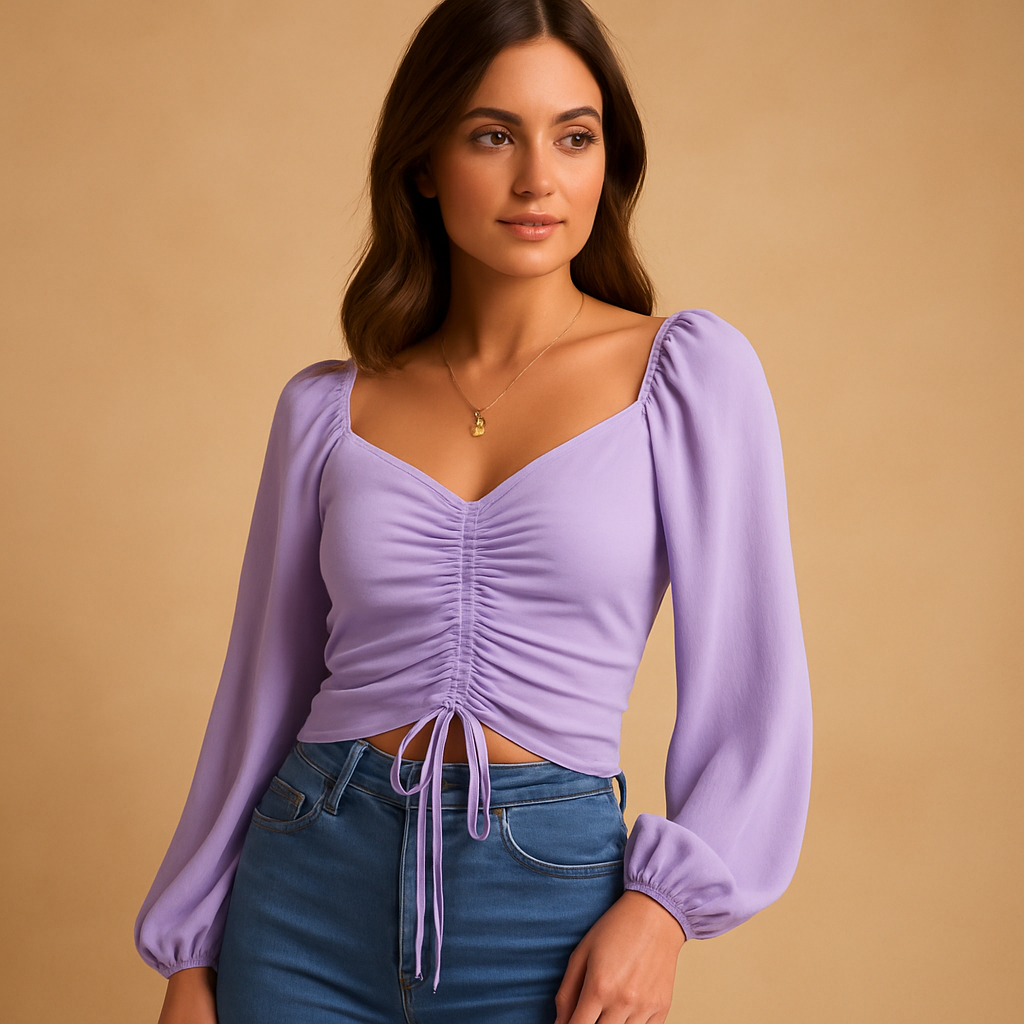 Women’s sweetheart neck blouse with a fitted silhouette and cord detail, available in multiple colors for casual and festive outfits.