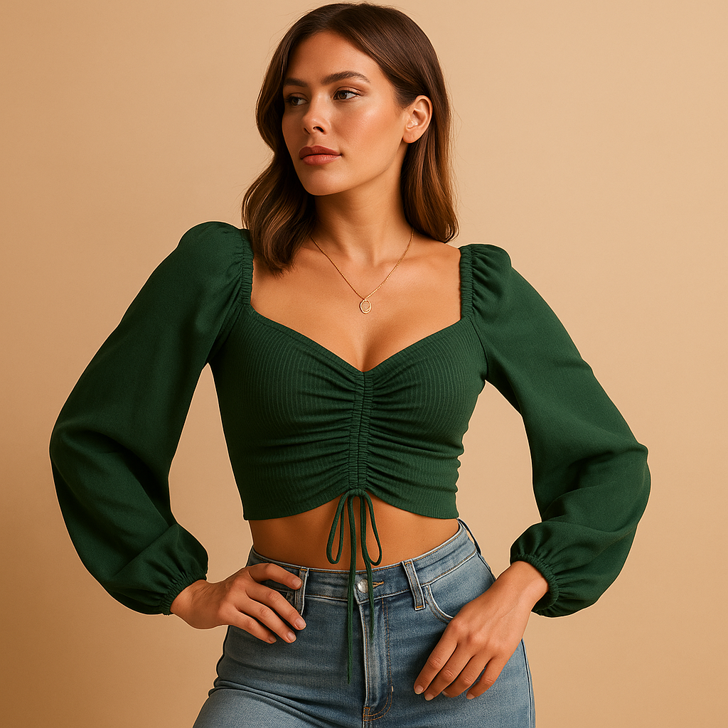 Women’s sweetheart neck blouse with a fitted silhouette and cord detail, available in multiple colors for casual and festive outfits.