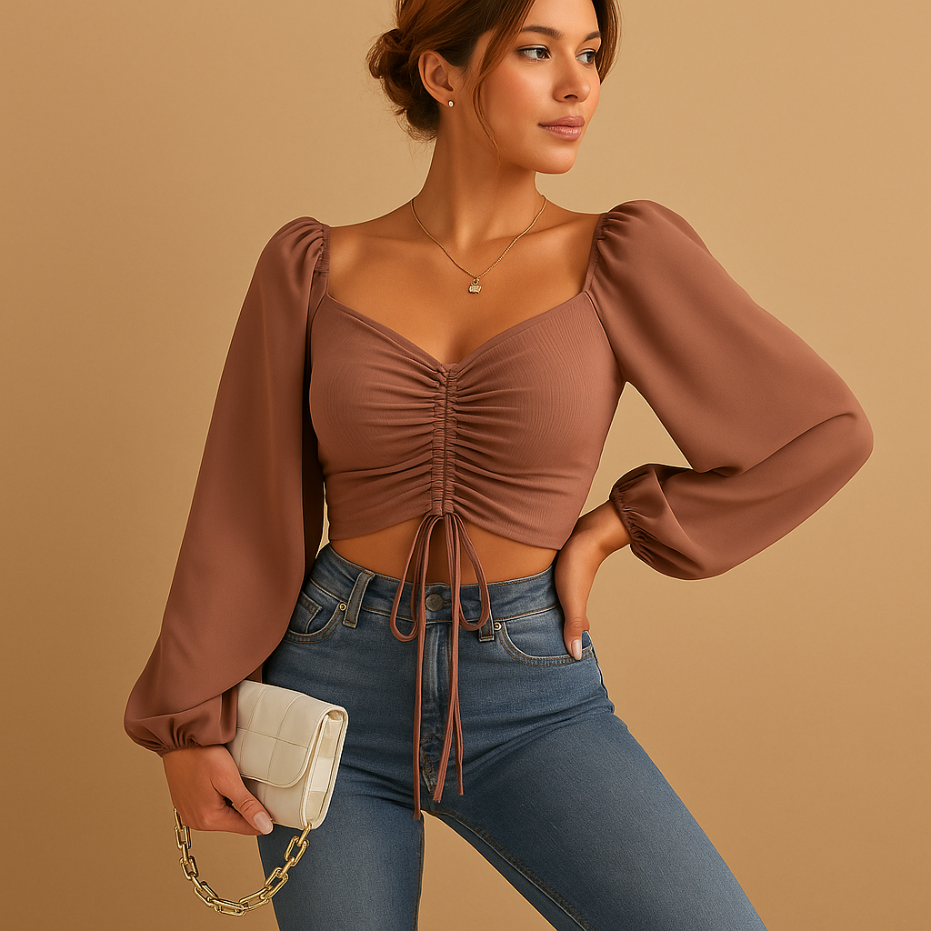 Women’s sweetheart neck blouse with a fitted silhouette and cord detail, available in multiple colors for casual and festive outfits.