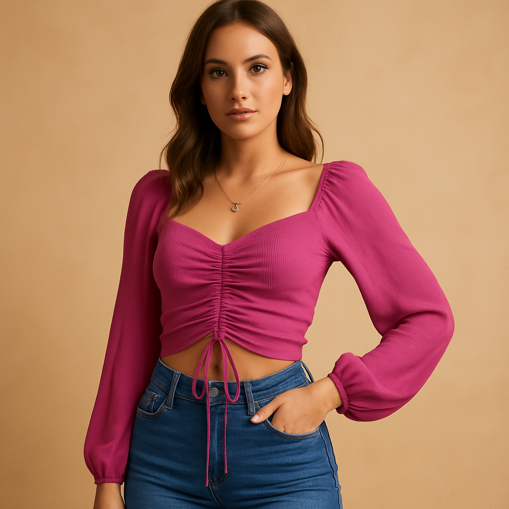 Women’s sweetheart neck blouse with a fitted silhouette and cord detail, available in multiple colors for casual and festive outfits.