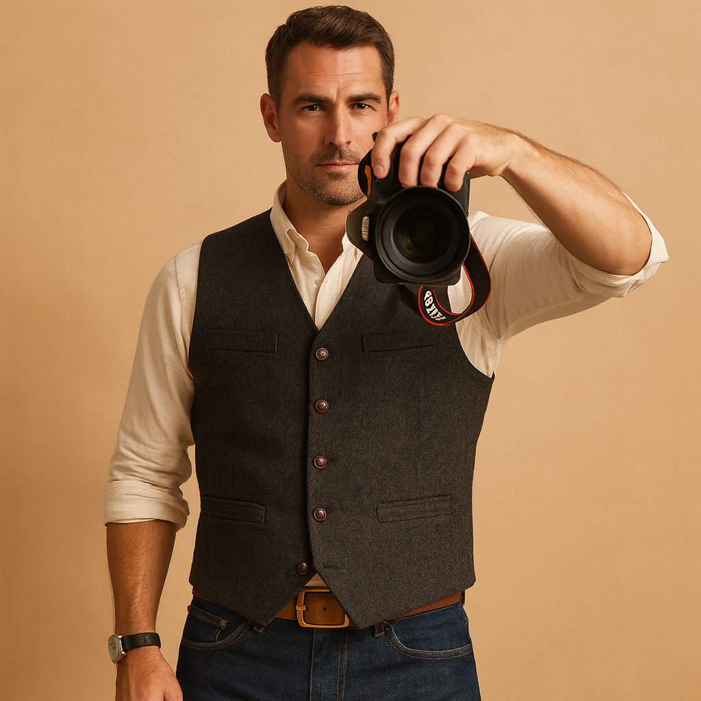 Men’s tailored waistcoat with button closure, adjustable fit, and practical pockets, ideal for formal and casual autumn and winter outfits.