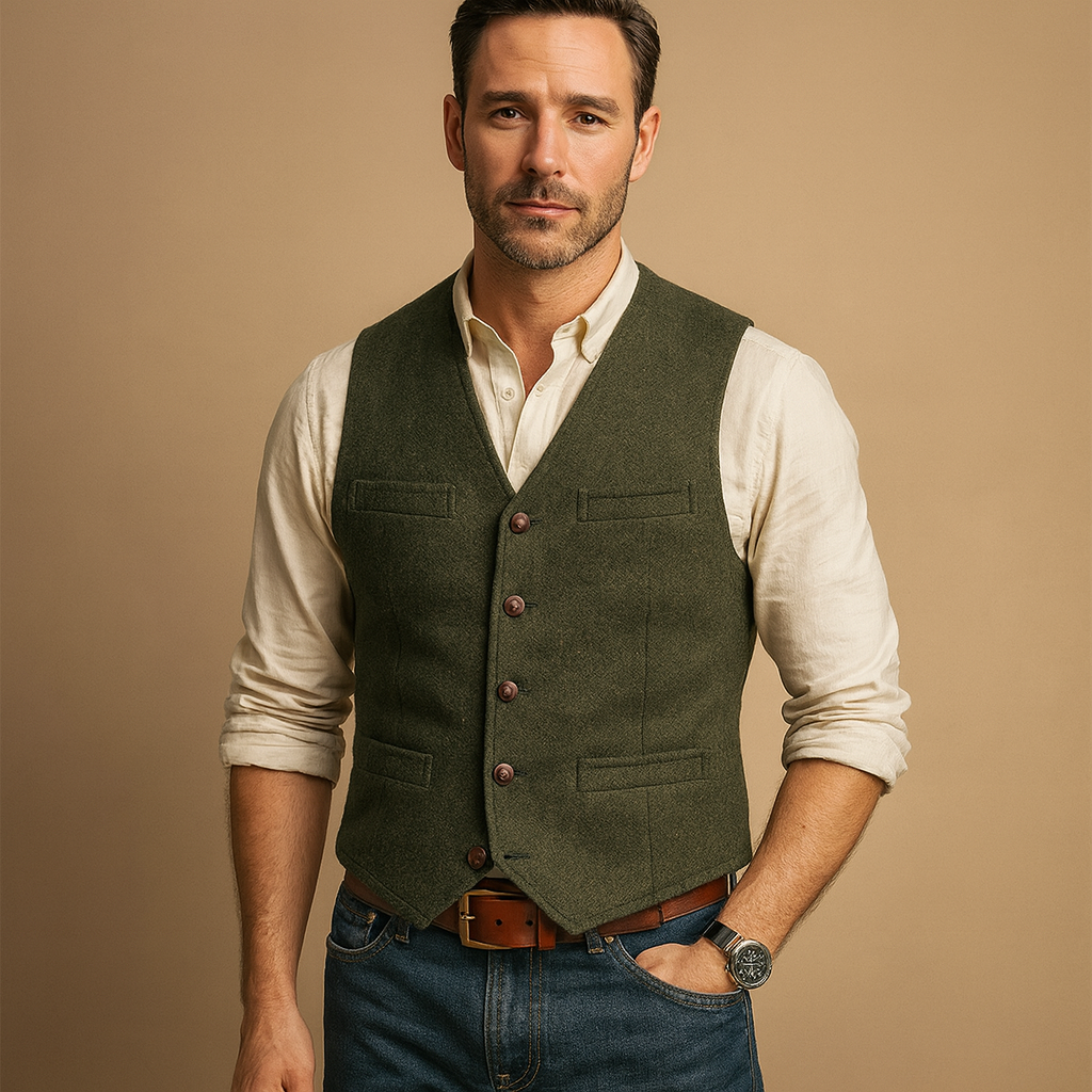 Men’s tailored waistcoat with button closure, adjustable fit, and practical pockets, ideal for formal and casual autumn and winter outfits.