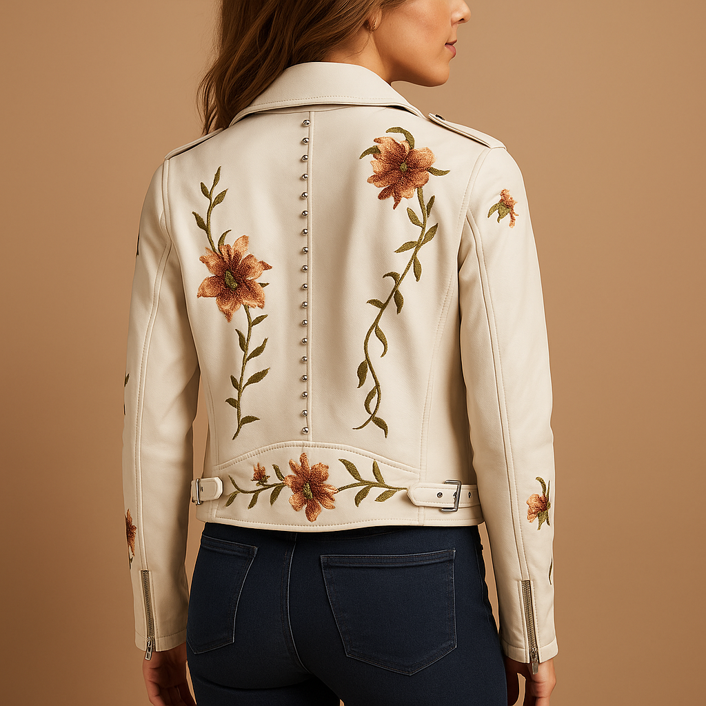 Woman wearing a tailored fitted jacket for women with a sleek silhouette and zipper pockets, styled with jeans and evening outfits.