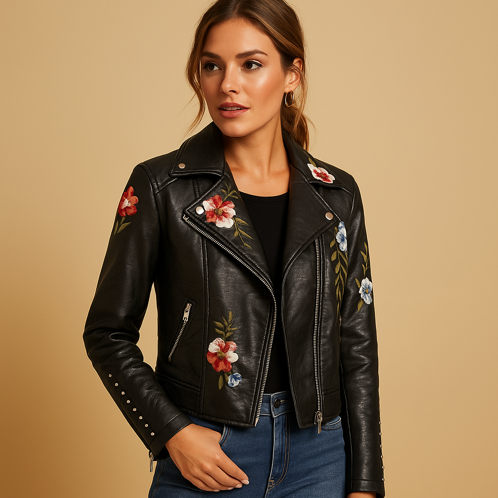 Woman wearing a tailored fitted jacket for women with a sleek silhouette and zipper pockets, styled with jeans and evening outfits.