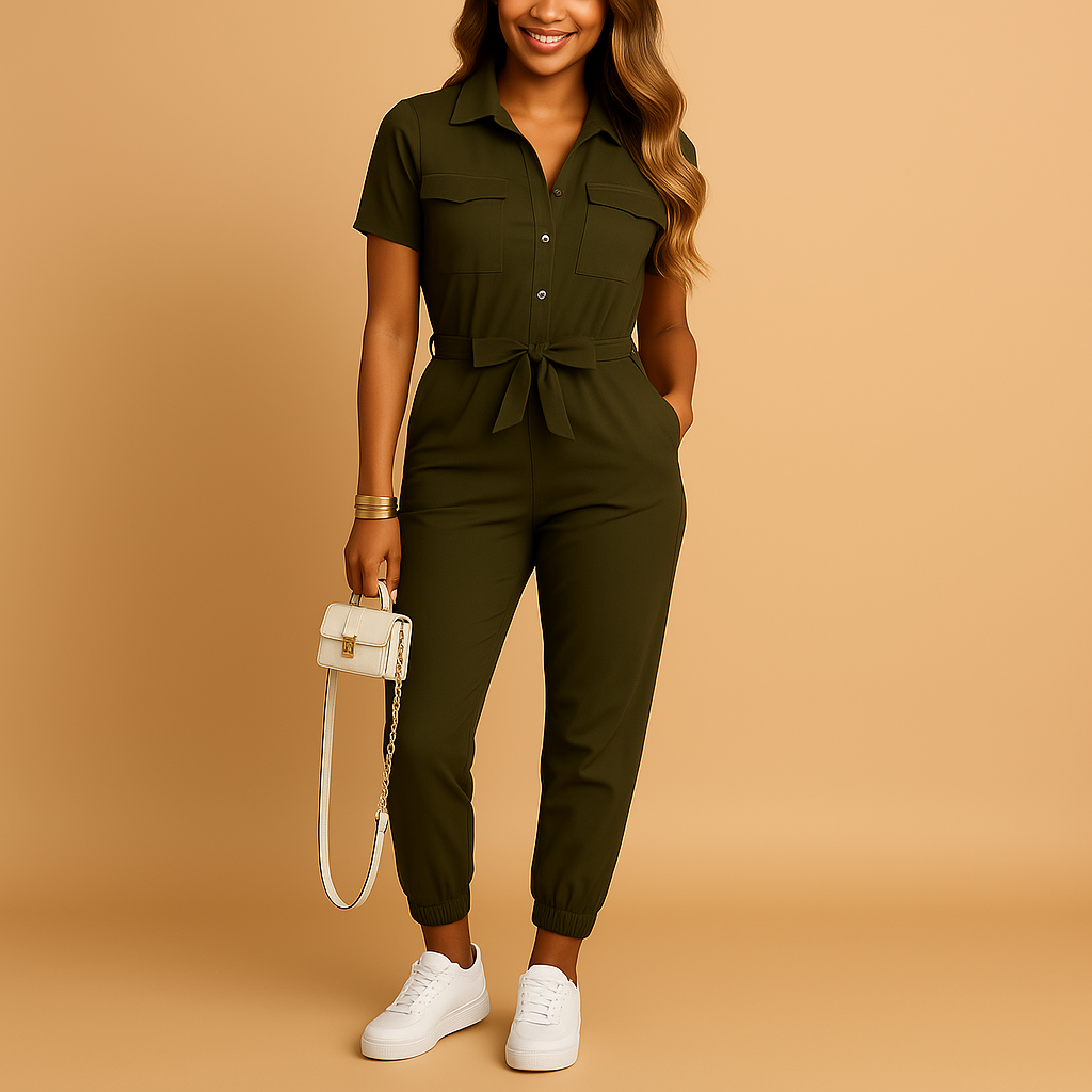 Woman wearing a tailored waist jumpsuit with a flattering fit, button closure, and refined details, suitable for work, social events, and evening dinners.