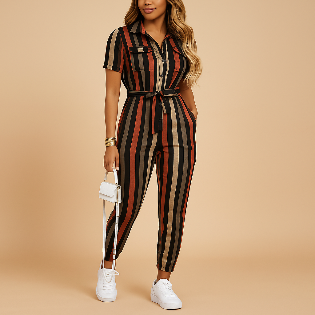 Woman wearing a tailored waist jumpsuit with a flattering fit, button closure, and refined details, suitable for work, social events, and evening dinners.