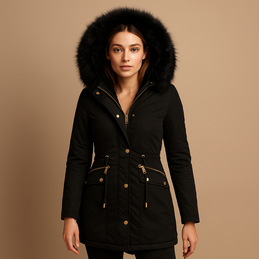 Women’s thermal winter coat with faux-fur hood, insulated design, and secure closure for warm, stylish cold-weather outfits.