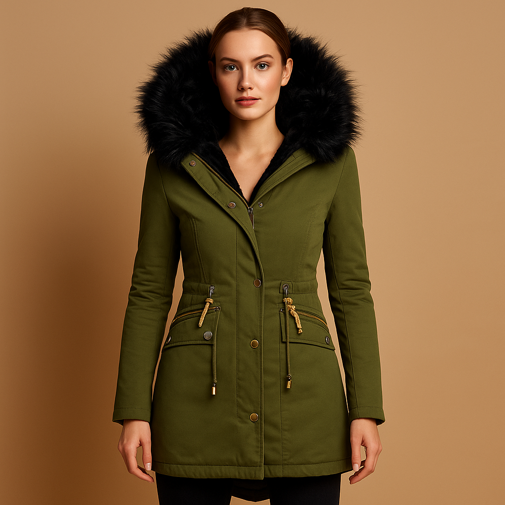 Women’s thermal winter coat with faux-fur hood, insulated design, and secure closure for warm, stylish cold-weather outfits.