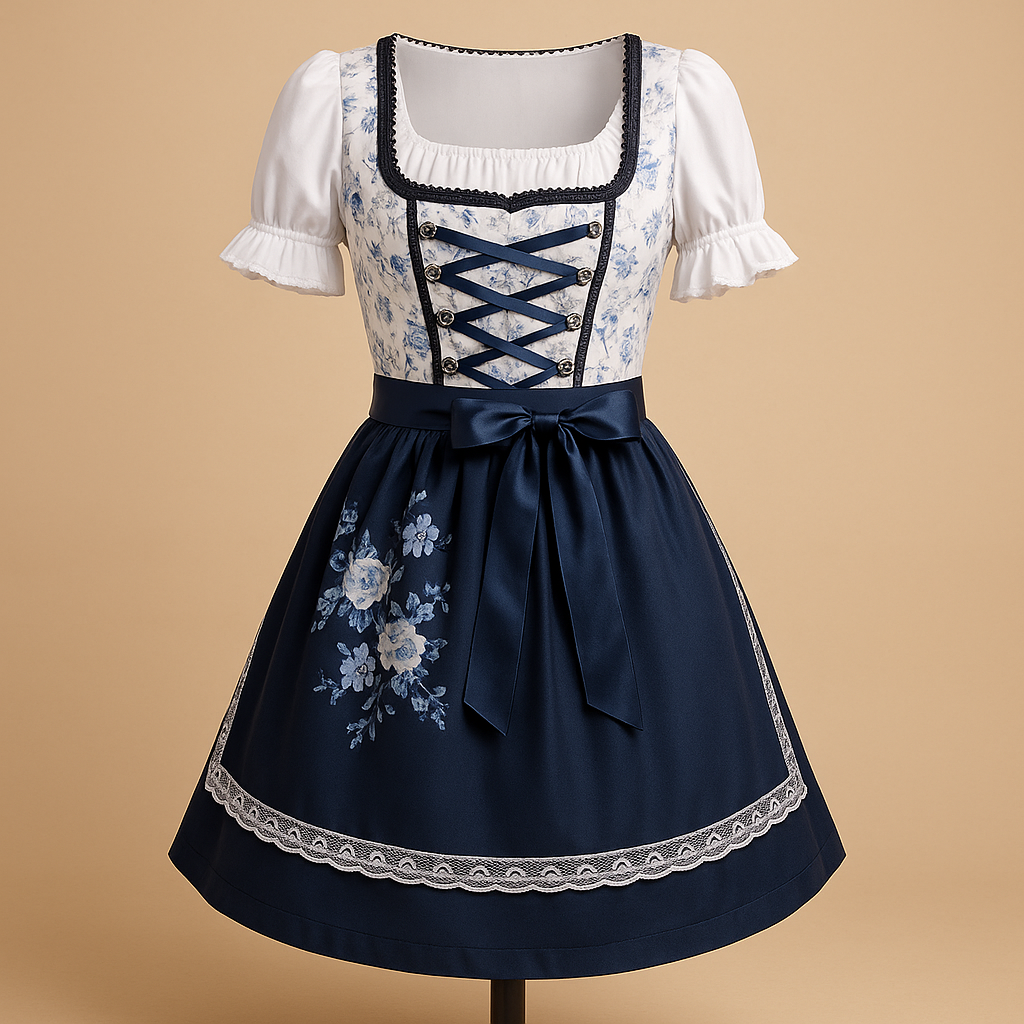Women’s traditional Oktoberfest lace dress in blue with matching apron, ideal for festivals, themed parties, and Bavarian celebrations.