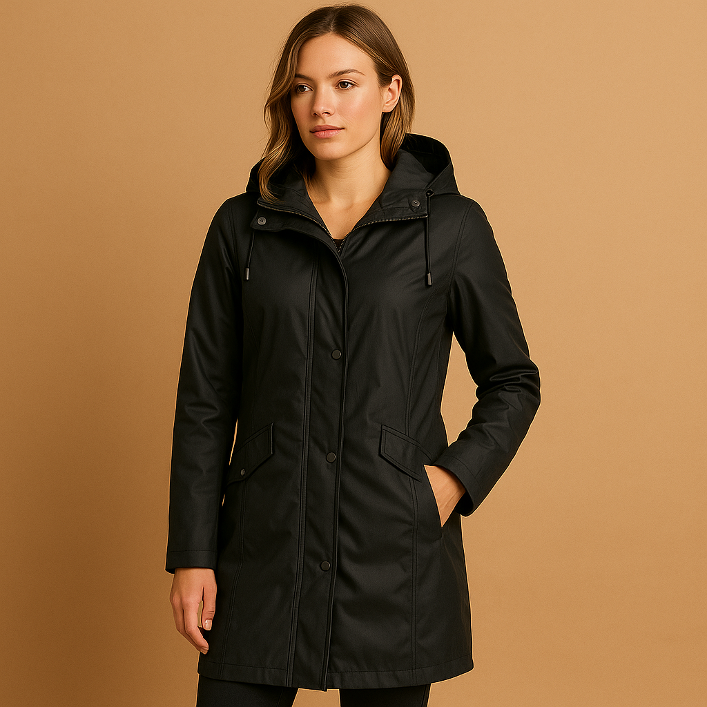 Woman wearing a transparent raincoat with hood and button closure, ideal for staying chic and comfortable during rainy weather.