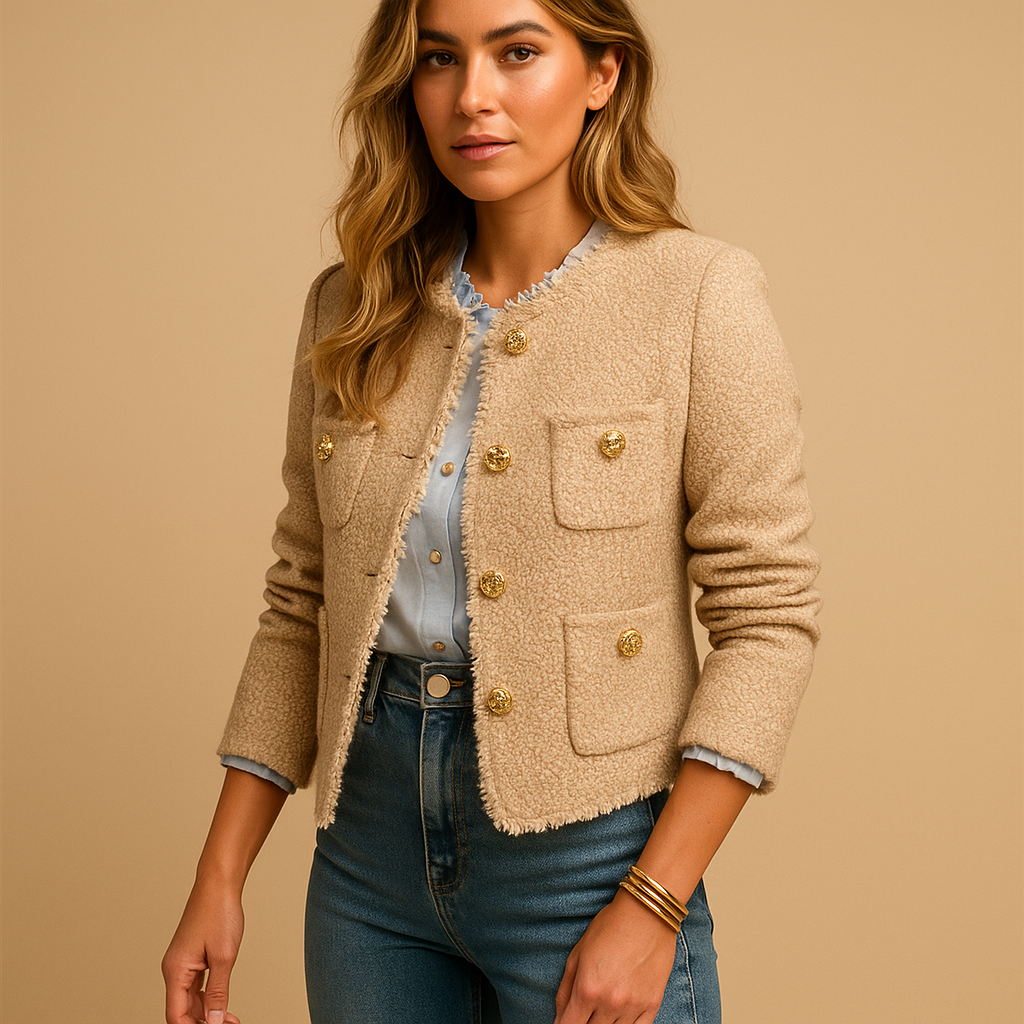 Women’s tweed blazer jacket with structured silhouette, button closure, and classic collar, ideal for business and casual chic styling.