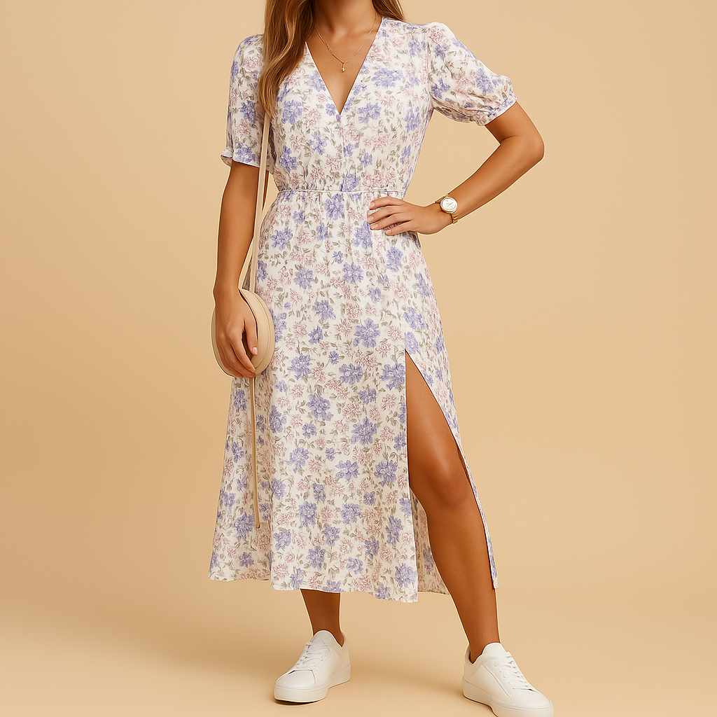 V-neck maxi dress with slit and bold print for women, perfect for summer vacations, beach days, and casual garden parties.
