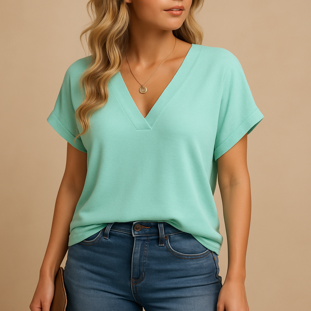 Women’s lightweight V-neck blouse with short puff sleeves in multiple colors, suitable for work, leisure, and warm days.