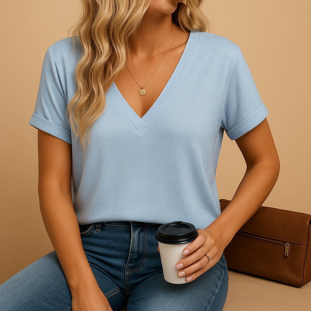 Women’s lightweight V-neck blouse with short puff sleeves in multiple colors, suitable for work, leisure, and warm days.