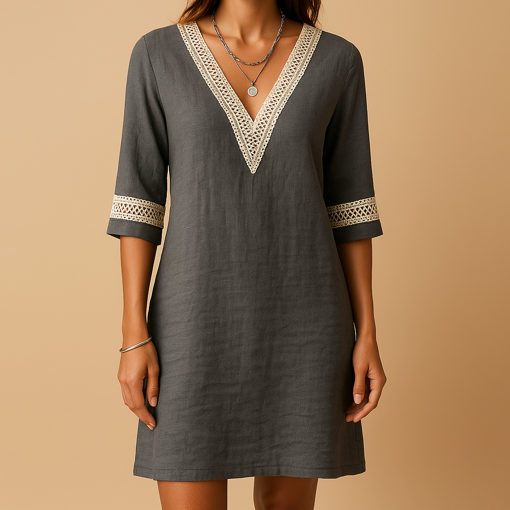 V-neck summer dress with lace details for women featuring three-quarter sleeves and a relaxed fit, perfect for beach days and casual summer outings.